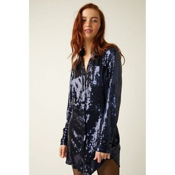Free People Women's Navy Sophie Sequin A-Line Style‎ Mini Dress Size Small FLAW - Picture 3 of 10
